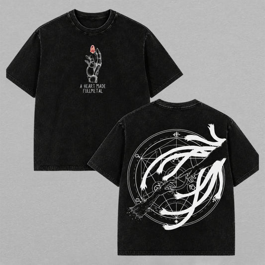 Fullmetal Alchemist Brotherhood Edward Elric Automail Hand Washed Oversized T-shirt Philosopher Stone Alchemy Circle Back Print Vintage Heavyweight Cotton Anime Graphic Tee Streetwear Gift for Fans