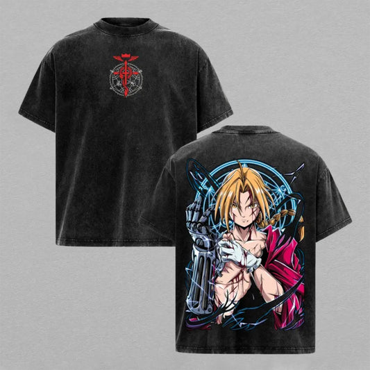 Fullmetal Alchemist Brotherhood Edward Elric Washed Oversized T-shirt Automail Arm Blue Transmutation Circle Back Print Vintage Heavyweight Cotton Anime Graphic Tee Streetwear Gift for Fans