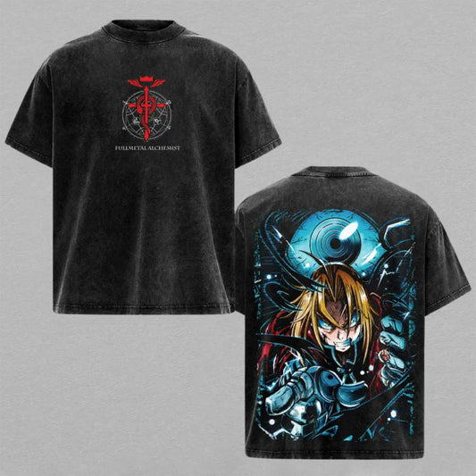 Fullmetal Alchemist Brotherhood Edward Elric Washed Oversized T-shirt Blue Eye Automail Action Back Print Vintage Heavyweight Cotton Anime Graphic Tee Streetwear Gift for Fans