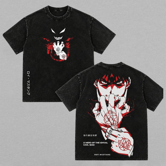 Fullmetal Alchemist Brotherhood Roy Mustang Flame Alchemist Washed Oversized T-shirt Ishval War Alchemy Hand Back Print Vintage Heavyweight Cotton Anime Graphic Tee Streetwear Gift for Fans