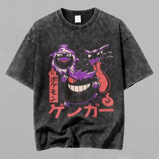 Gengar Haunter Gastly Pokémon Washed Oversized T-shirt Ghost Trio Japanese Graphic Tee Vintage Heavyweight Cotton Anime Streetwear Gift for Gengar Fans