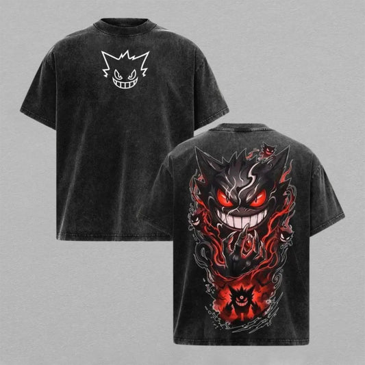 Gengar Pokémon Washed Oversized T-shirt Red Eyes Shadow Flame Back Print Vintage Heavyweight Cotton Anime Graphic Tee Streetwear Gift for Gengar Fans