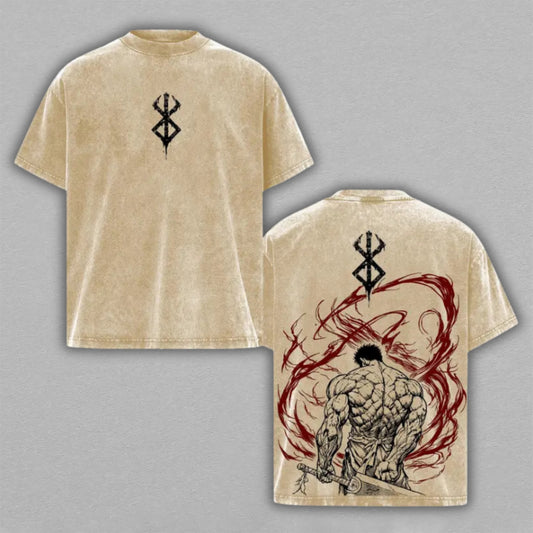 Guts Berserk Washed Oversized T-shirt Beige Dark Fantasy Muscular Warrior Back Print Vintage Heavyweight Cotton Anime Graphic Tee Streetwear Gift for Fans