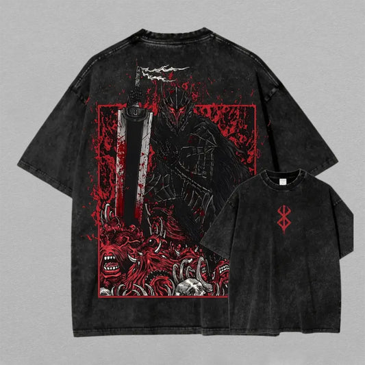 Guts Berserk Washed Oversized T-shirt Berserker Armor Dark Fantasy Back Print Vintage Heavyweight Cotton Anime Graphic Tee Streetwear Gift for Fans