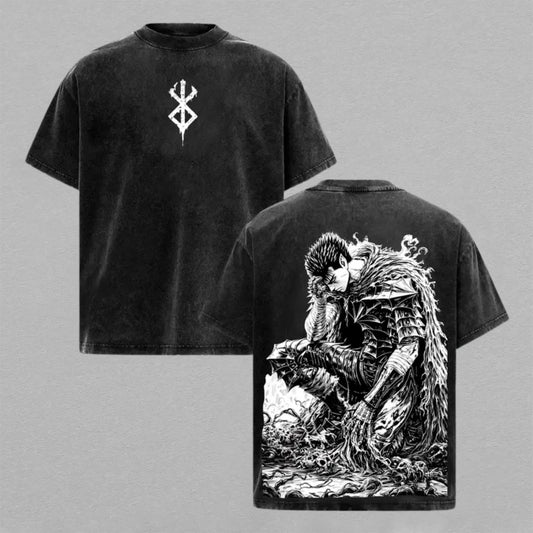 Guts Berserk Washed Oversized T-shirt Black White Manga Armor Back Print Vintage Heavyweight Cotton Anime Graphic Tee Streetwear Gift for Fans