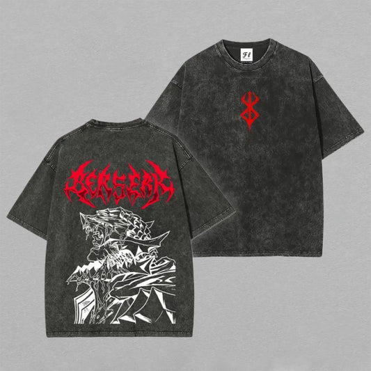Guts Berserk Washed Oversized T-shirt Brand of Sacrifice Dark Fantasy Back Print Vintage Heavyweight Cotton Anime Graphic Tee Streetwear Gift for Fans