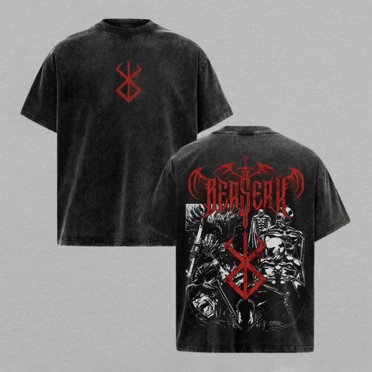Guts Berserk Washed Oversized T-shirt Brand of Sacrifice Dark Fantasy Manga Collage Back Print Vintage Heavyweight Cotton Anime Graphic Tee Streetwear Gift for Fans