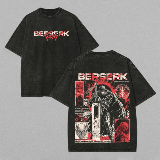 Guts Berserk Washed Oversized T-shirt Dark Fantasy Manga Panel Back Print Vintage Heavyweight Cotton Anime Graphic Tee Streetwear Gift for Fans