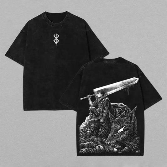 Guts Berserk Washed Oversized T-shirt Dragon Slayer Sword Black White Back Print Vintage Heavyweight Cotton Anime Graphic Tee Streetwear Gift for Fans