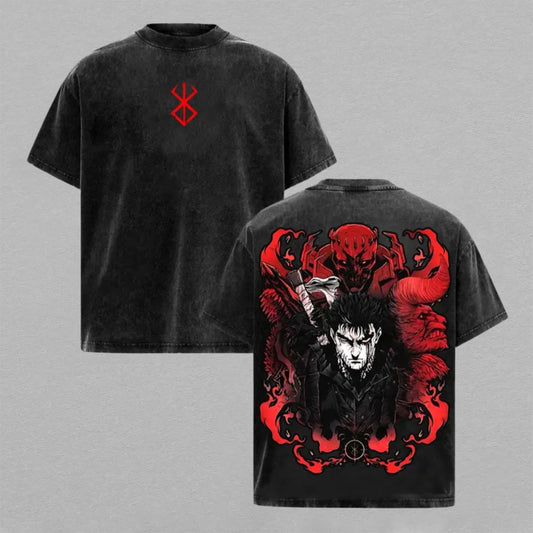 Guts Berserk Washed Oversized T-shirt Red Demon Dark Fantasy Back Print Vintage Heavyweight Cotton Anime Graphic Tee Streetwear Gift for Fans