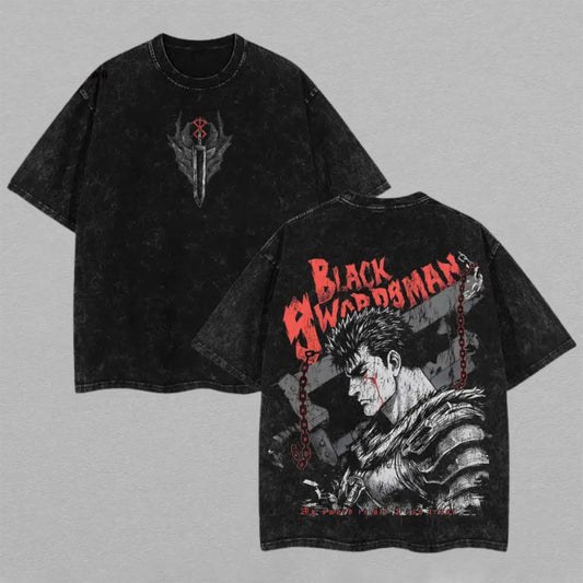 Guts Black Swordsman Berserk Washed Oversized T-shirt Dark Fantasy Manga Back Print Vintage Heavyweight Cotton Anime Graphic Tee Streetwear Gift for Fans