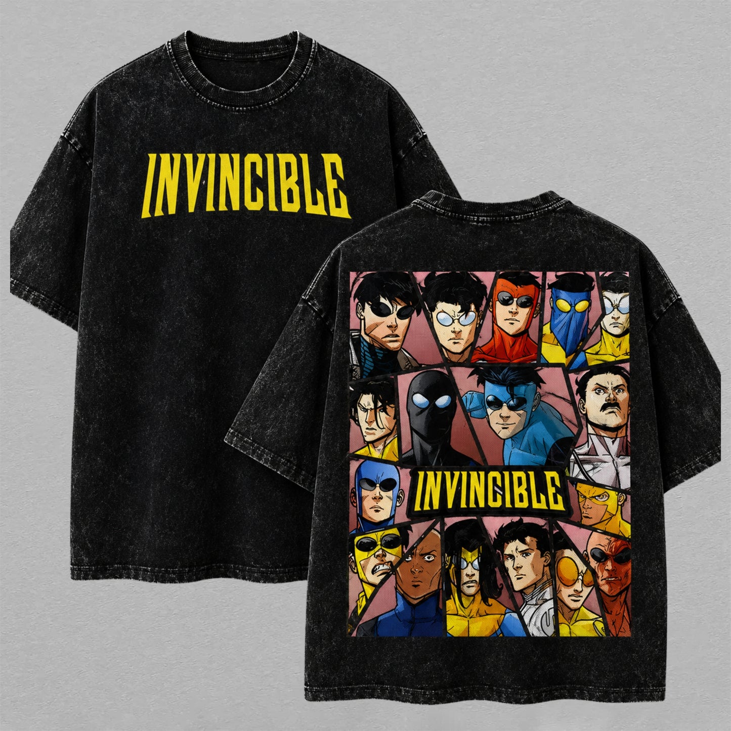 Invincible Heroes Character Collage Washed T-shirt Limited Retro Vintage Oversized Streetwear Comic Graphic Tee Gift for Fans