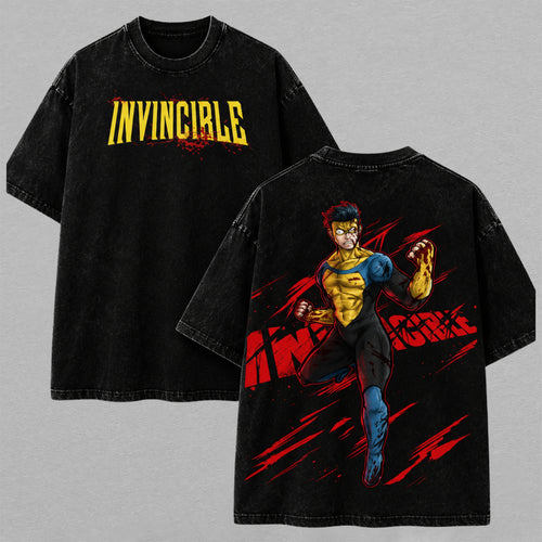 Invincible Mark Grayson Battle Stance Washed T-shirt Limited Retro Vintage Oversized Streetwear Comic Graphic Tee Gift for Fans