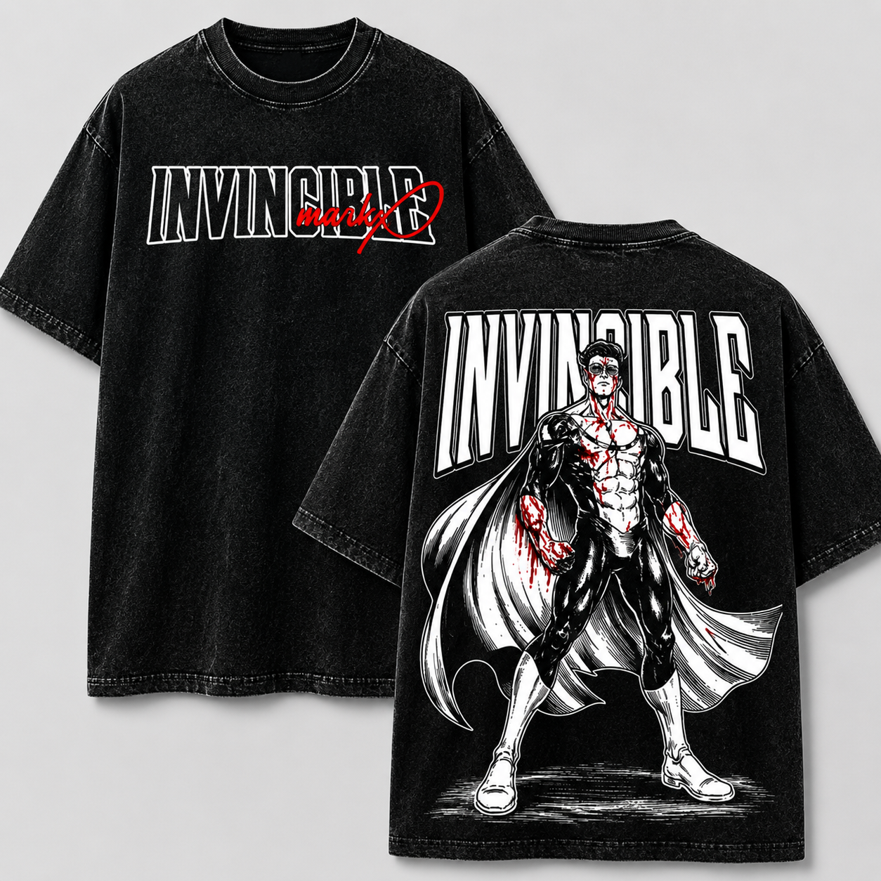 Invincible Mark Grayson Bloodied Hero Washed T-shirt Limited Retro Vintage Oversized Streetwear Comic Graphic Tee Gift for Fans