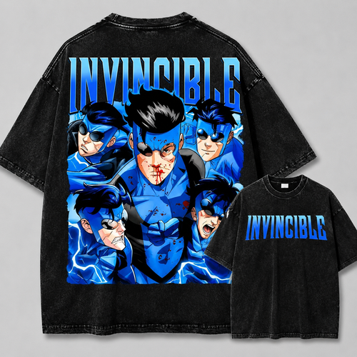 Invincible Mark Grayson Blue Hero Collage Washed T-shirt Limited Retro Vintage Oversized Streetwear Comic Graphic Tee Gift for Fans
