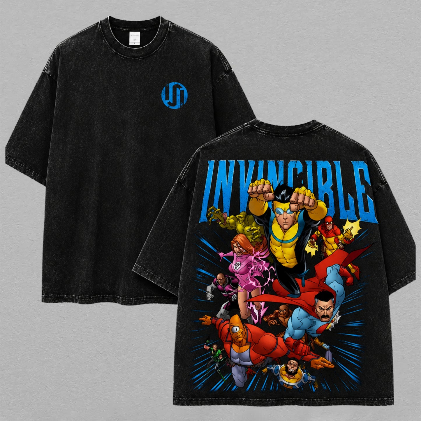 Invincible Team Heroes Flying Battle Washed T-shirt Limited Retro Vintage Oversized Streetwear Comic Graphic Tee Gift for Fans