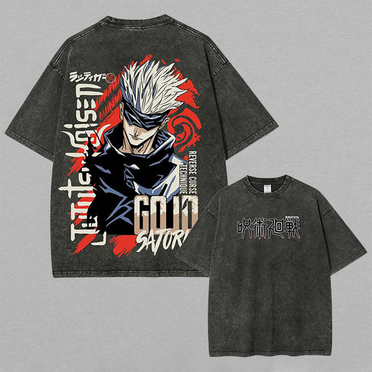 Retro Vintage Limited Gojo Satoru Washed T-Shirt Jujutsu Kaisen Anime Graphic Tee Oversized Streetwear Gift for Anime Fans