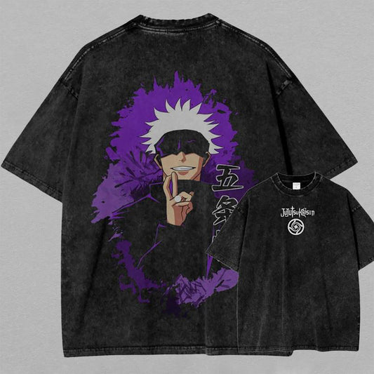 Retro Vintage Limited Gojo Satoru Washed T-Shirt Jujutsu Kaisen Anime Graphic Tee Oversized Streetwear Gift for Anime Fans