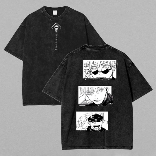 Retro Vintage Limited Gojo Satoru Washed T-Shirt Jujutsu Kaisen Manga Graphic Tee Oversized Streetwear Gift for Anime Fans