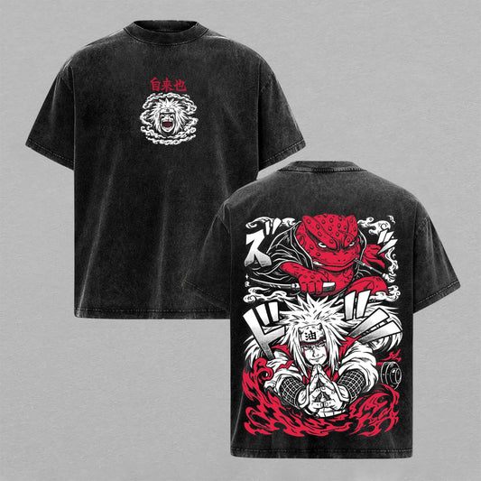 Jiraiya and Gamabunta Toad Sage Washed T-shirt Limited Retro Vintage Oversized Streetwear Naruto Anime Graphic Tee Gift for Fans