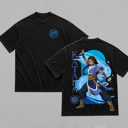 Katara Avatar The Last Airbender Washed Oversized T-shirt Waterbending Element Symbol Back Print Vintage Heavyweight Cotton Anime Graphic Tee Streetwear Gift for Katara Fans