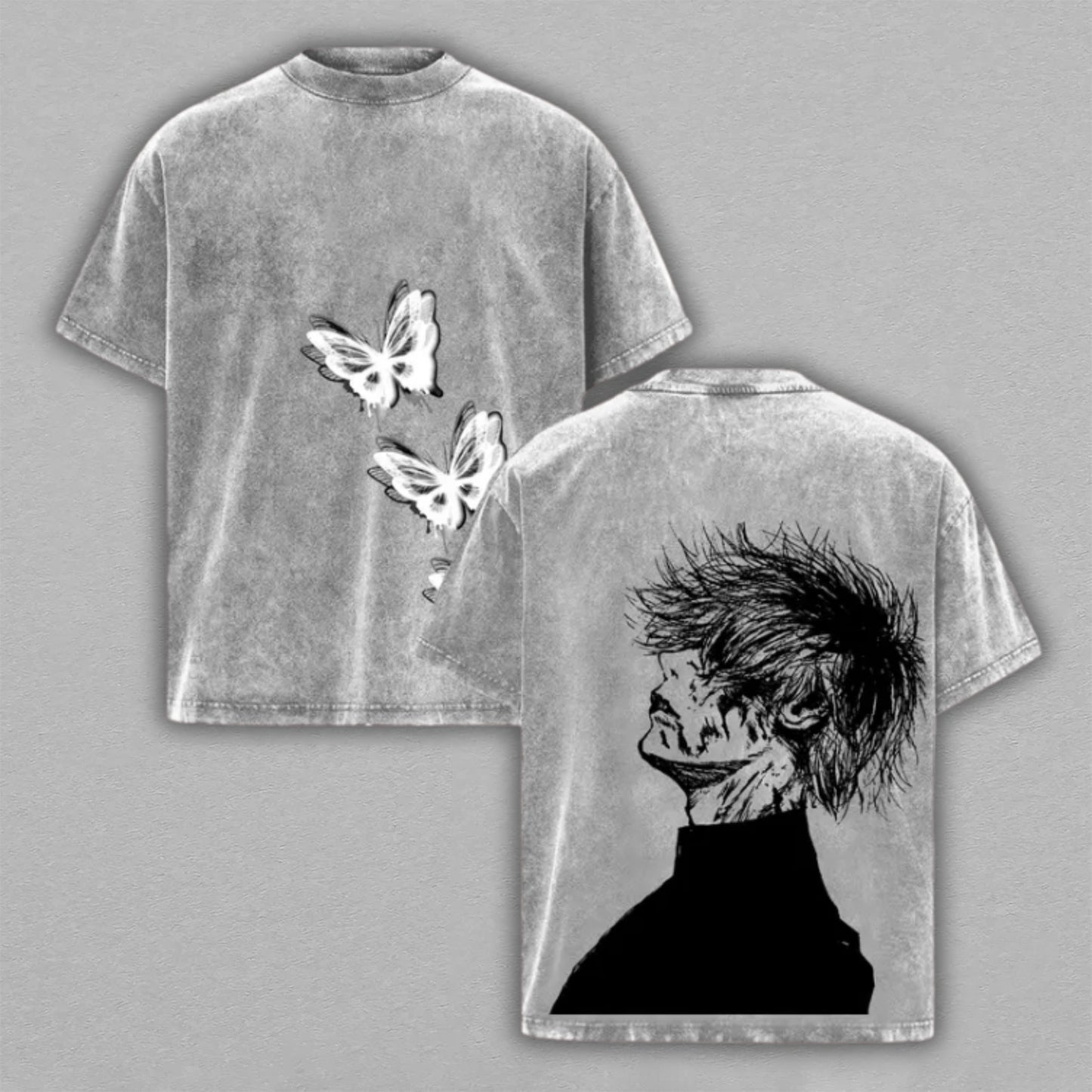Ken Kaneki Tokyo Ghoul Washed Oversized T-shirt Butterfly Manga Sketch Ghoul Portrait Back Print Vintage Heavyweight Cotton Anime Graphic Tee Streetwear Gift for Fans