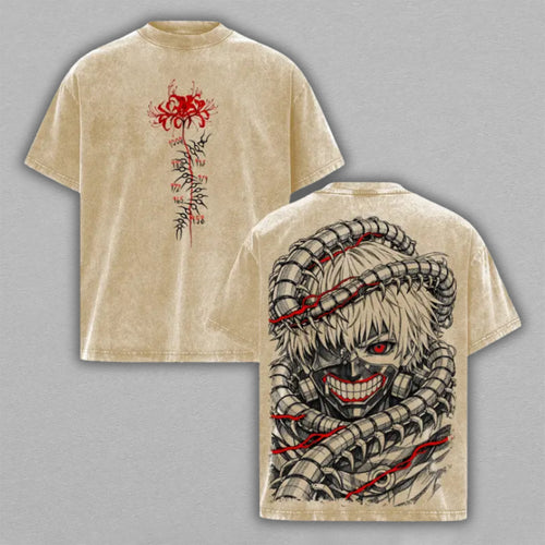 Ken Kaneki Tokyo Ghoul Washed Oversized T-shirt Centipede Kagune Mask Red Spider Lily Back Print Vintage Heavyweight Cotton Anime Graphic Tee Streetwear Gift for Fans