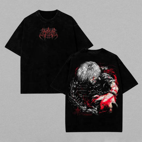 Ken Kaneki Tokyo Ghoul Washed Oversized T-shirt Dark Kagune Attack Red Splatter Back Print Vintage Heavyweight Cotton Anime Graphic Tee Streetwear Gift for Fans