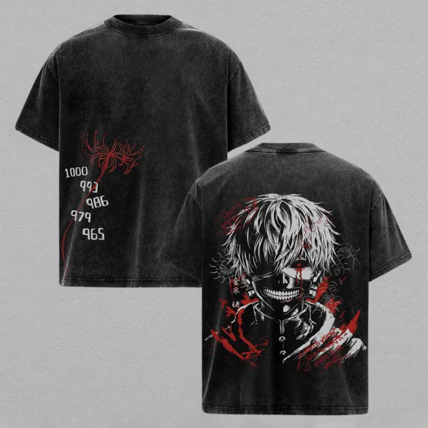 Ken Kaneki Tokyo Ghoul Washed Oversized T-shirt Ghoul Mask Red Spider Lily Number Print Vintage Heavyweight Cotton Anime Graphic Tee Streetwear Gift for Fans
