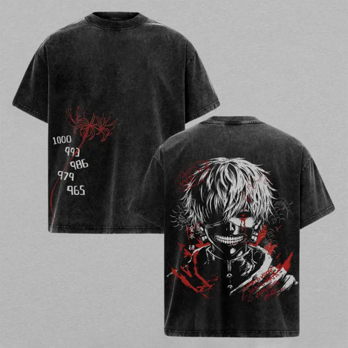 Ken Kaneki Tokyo Ghoul Washed Oversized T-shirt Ghoul Mask Red Spider Lily Number Print Vintage Heavyweight Cotton Anime Graphic Tee Streetwear Gift for Fans