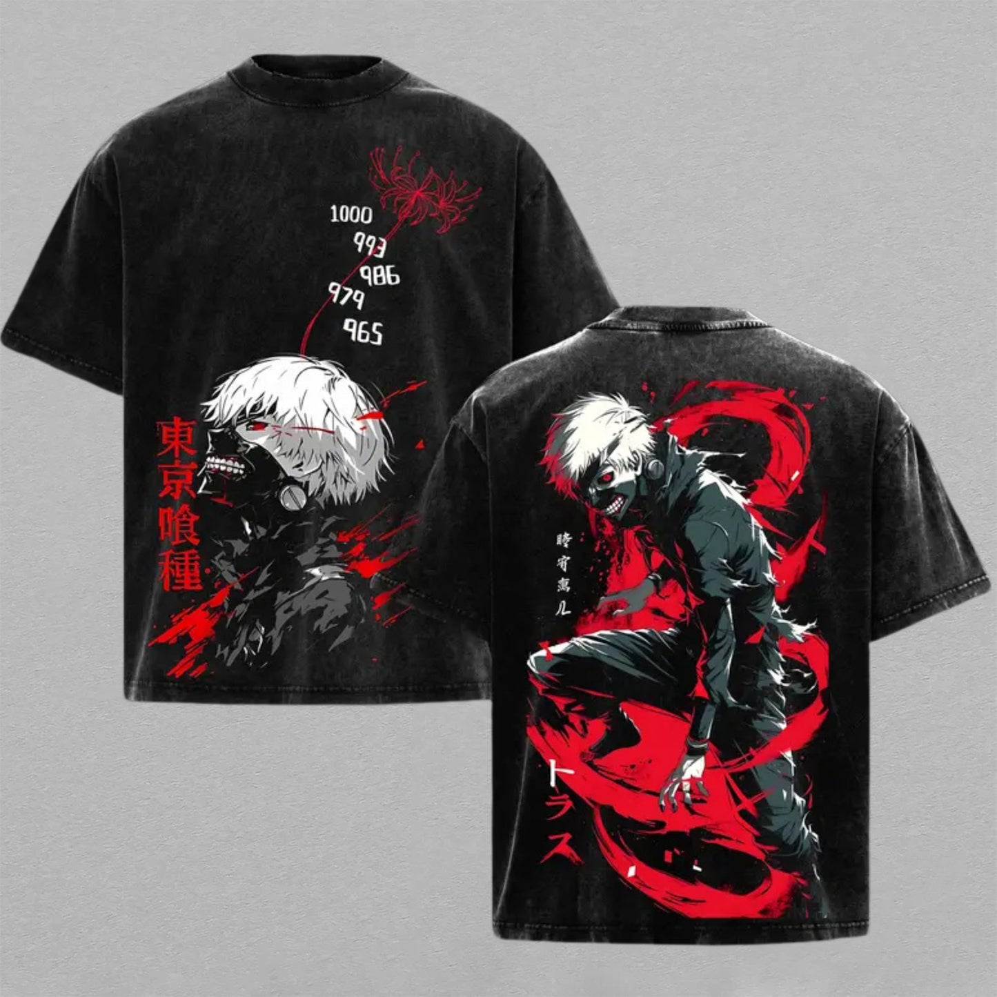 Ken Kaneki Tokyo Ghoul Washed Oversized T-shirt Red Kagune Ghoul Mask Back Print Vintage Heavyweight Cotton Anime Graphic Tee Streetwear Gift for Fans