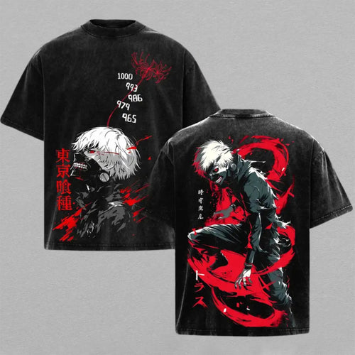Ken Kaneki Tokyo Ghoul Washed Oversized T-shirt Red Kagune Ghoul Mask Back Print Vintage Heavyweight Cotton Anime Graphic Tee Streetwear Gift for Fans