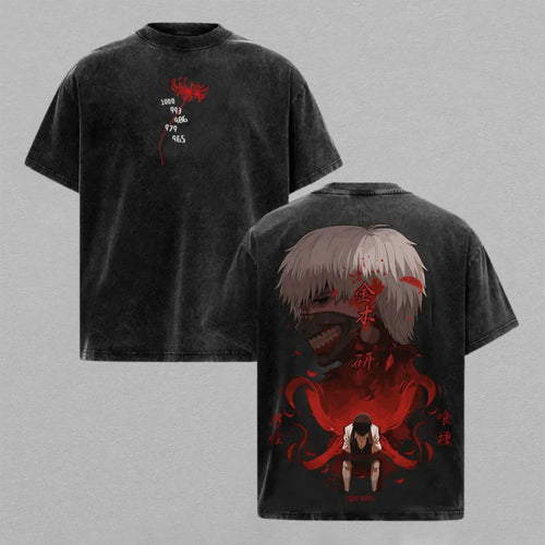 Ken Kaneki Tokyo Ghoul Washed Oversized T-shirt Red Kagune Shadow Ghoul Mask Back Print Vintage Heavyweight Cotton Anime Graphic Tee Streetwear Gift for Fans