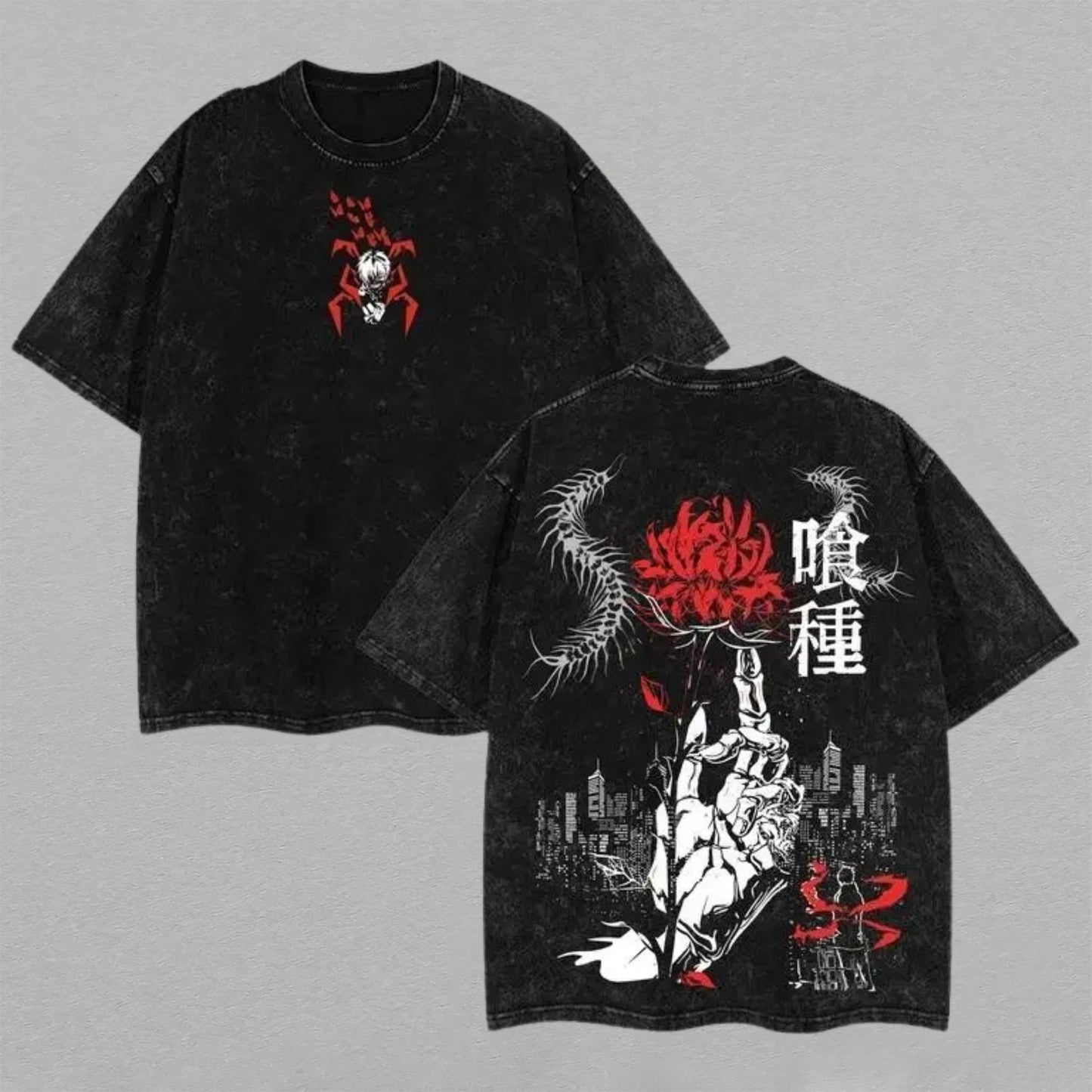 Ken Kaneki Tokyo Ghoul Washed Oversized T-shirt Red Spider Lily Centipede Hand City Back Print Vintage Heavyweight Cotton Anime Graphic Tee Streetwear Gift for Fans