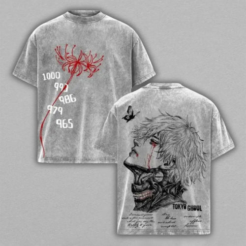 Ken Kaneki Tokyo Ghoul Washed Oversized T-shirt Red Spider Lily Crying Ghoul Mask Back Print Vintage Heavyweight Cotton Anime Graphic Tee Streetwear Gift for Fans