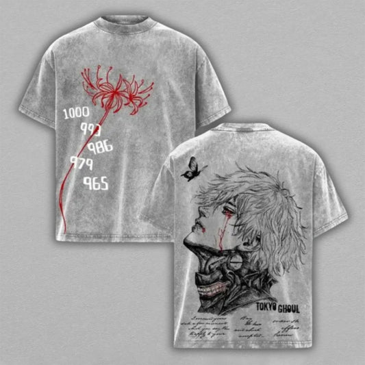 Ken Kaneki Tokyo Ghoul Washed Oversized T-shirt Red Spider Lily Crying Ghoul Mask Back Print Vintage Heavyweight Cotton Anime Graphic Tee Streetwear Gift for Fans