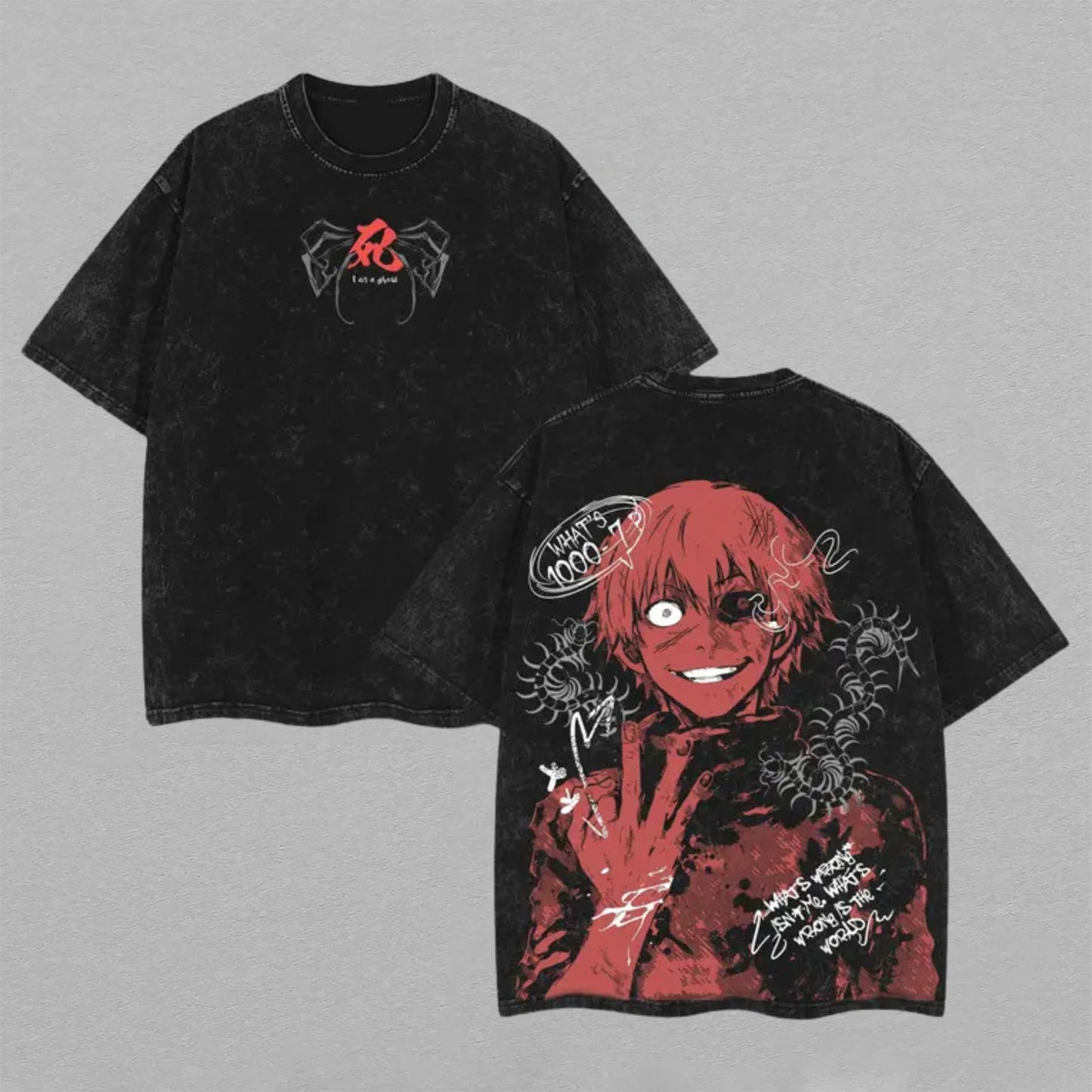 Ken Kaneki Tokyo Ghoul x Jason Torture Arc Washed Oversized T-shirt Whats 1000 Minus 7 Red Ghoul Centipede Back Print Vintage Heavyweight Cotton Anime Graphic Tee Streetwear Gift for Fans