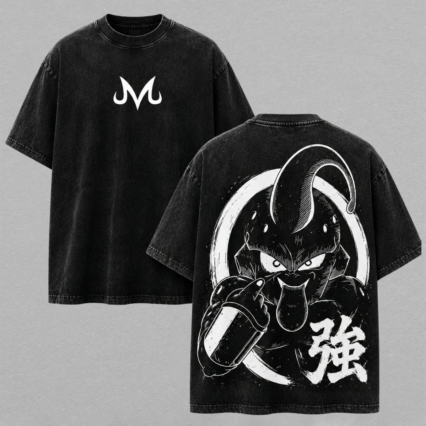 Kid Majin Buu Black White Anime Washed T-shirt Limited Retro Vintage Oversized Streetwear Graphic Tee for Dragon Ball Fans