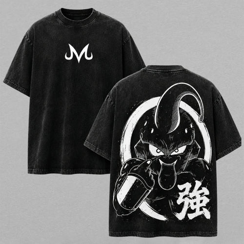 Kid Majin Buu Black White Anime Washed T-shirt Limited Retro Vintage Oversized Streetwear Graphic Tee for Dragon Ball Fans