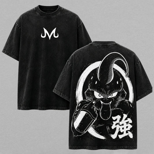 Kid Majin Buu Black White Anime Washed T-shirt Limited Retro Vintage Oversized Streetwear Graphic Tee for Dragon Ball Fans
