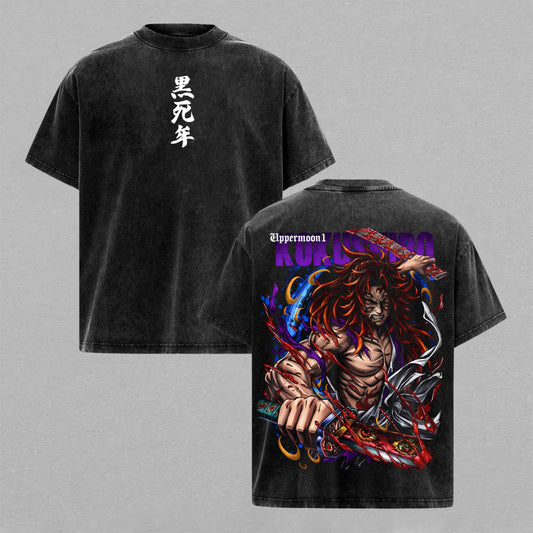 Kokushibo Upper Moon One Demon Slayer Bloody Katana Washed T-shirt Limited Retro Vintage Oversized Streetwear Anime Graphic Tee Gift for Fans