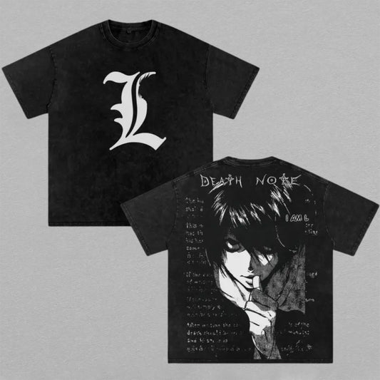 L Death Note Washed Oversized T-shirt Manga Sketch Detective Portrait Back Print Vintage Heavyweight Cotton Anime Graphic Tee Streetwear Gift for Fans