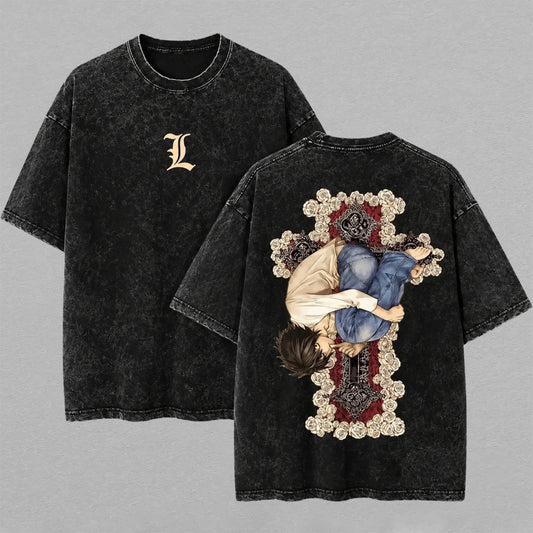 Lawliet Death Note L Ryuk Shinigami Light Yagami Washed Oversized T-shirt Floral Cross Back Print Vintage Heavyweight Cotton Anime Graphic Tee Streetwear Gift for Fans