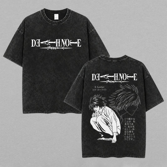 Lawliet L Light Yagami Death Note Washed Oversized T-shirt Manga Panel Back Print Vintage Heavyweight Cotton Anime Graphic Tee Streetwear Gift for Fans