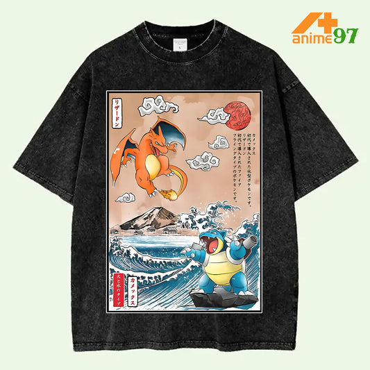 Limited Edition Charizard and Blastoise Pokemon Japanese Ukiyo-e Style Retro Vintage Washed T-shirt Oversized Streetwear Graphic Tee Perfect Gift for Pokemon Fans and Anime Lovers