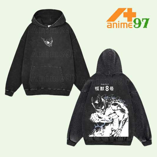 Kafka Hibino Kaiju No. 8 Monster Form Retro Vintage Washed Graphic Hoodie - Limited Edition Streetwear Oversized Aesthetic Pullover - Premium Double Sided Defense Force Kaiju Number 8 Kanji Print