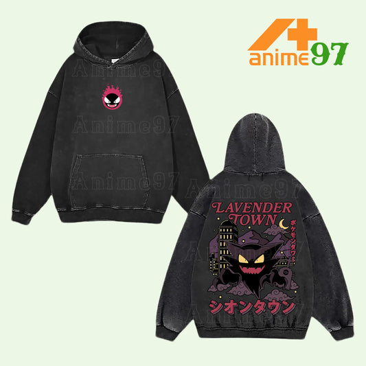 Haunter Gengar Pokémon Lavender Town Retro Vintage Washed Graphic Hoodie - Limited Edition Streetwear Oversized Aesthetic Pullover - Premium Double Sided Poison Ghost Type Silhouette Print