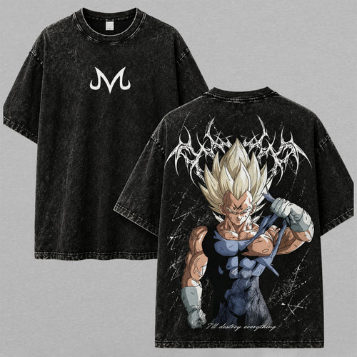 Majin Vegeta Prince of Destruction DB Washed T-shirt Limited Retro Vintage Oversized Streetwear Graphic Tee for Anime Fans