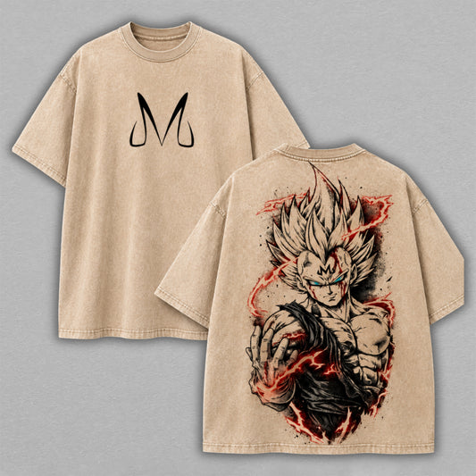 Majin Vegeta Prince of Destruction Red Lightning Washed T-shirt Limited Retro Vintage Oversized Streetwear Dragon Ball Anime Graphic Tee Gift for Fans