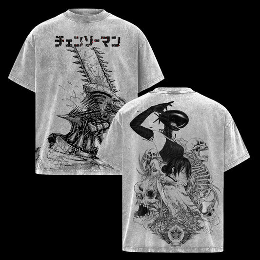 Chainsaw Man Denji Asa Mitaka Yoru Retro Vintage Washed Graphic T-Shirt - Limited Edition Streetwear Oversized Aesthetic Tee - Premium War Devil Manga Style Apparel